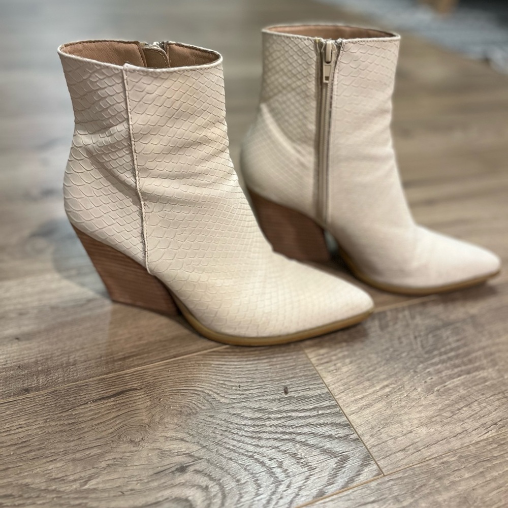 Mi.iM Cream Faux Snake Skin Heel Ankle Boots